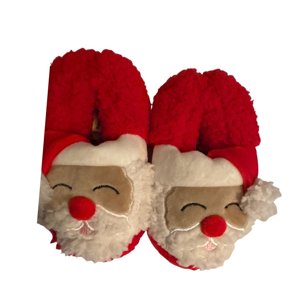 Dearfoams‎ Kids Red Santa Slippers Cozy Fleece Plush Christmas Holiday Size 7-8